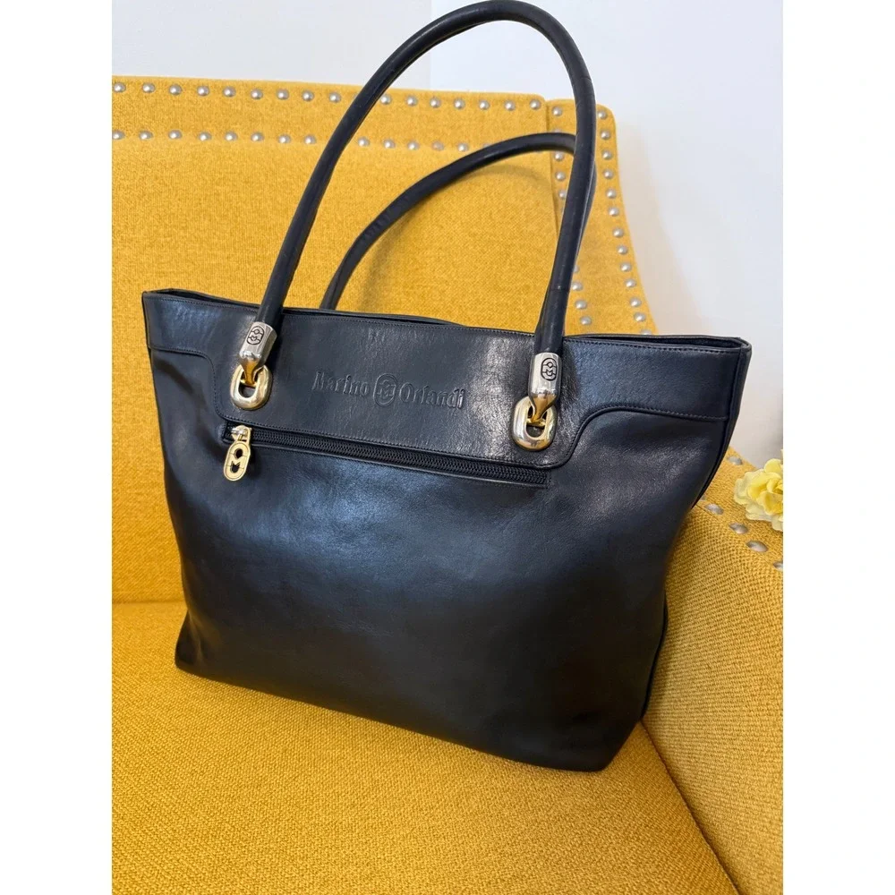 Marino Orlandi Black Leather Tote Bag Made in Italy Pleated Shoulder Bag
